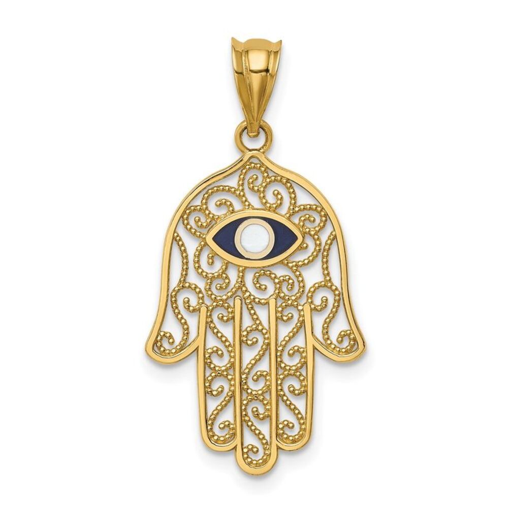 14k Yellow Gold and Enameled Filigree Hamsa Pendant, 15 x 30mm